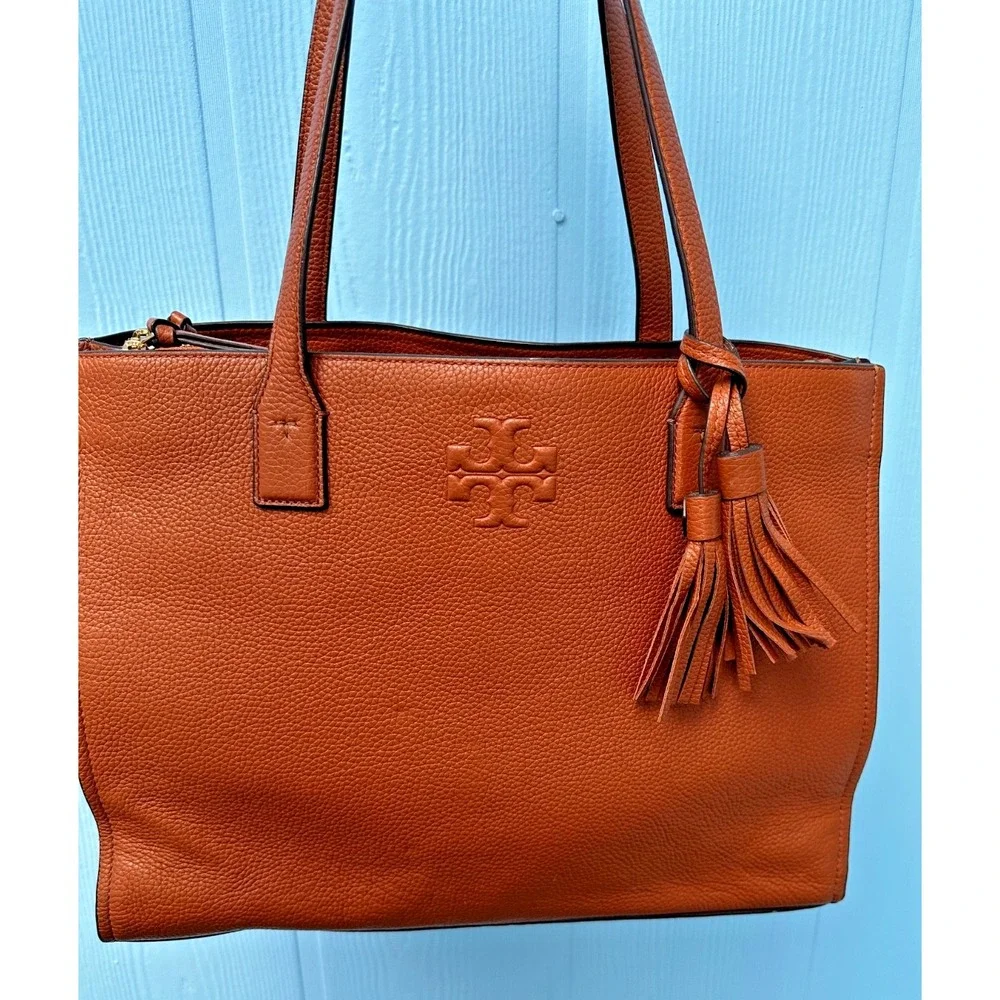 Tory Burch Thea Brown Leather Tote Tassels Purse Multi Pocket Shoulder Bag